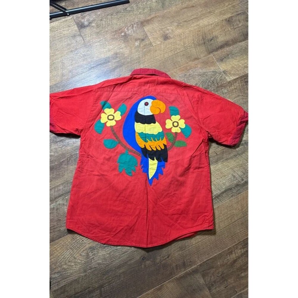 Vintage Red Parrot Applique Shirt Men’s Short Sleeve Tropical Bird Large